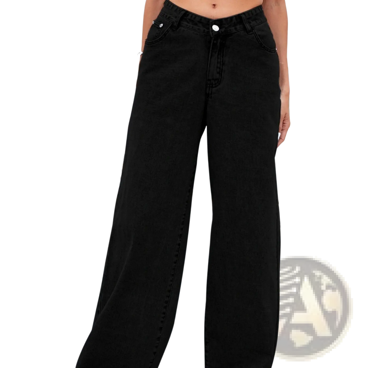 Black high waisted denim jeans for women with wide leg, straight cut, and classic five pocket design