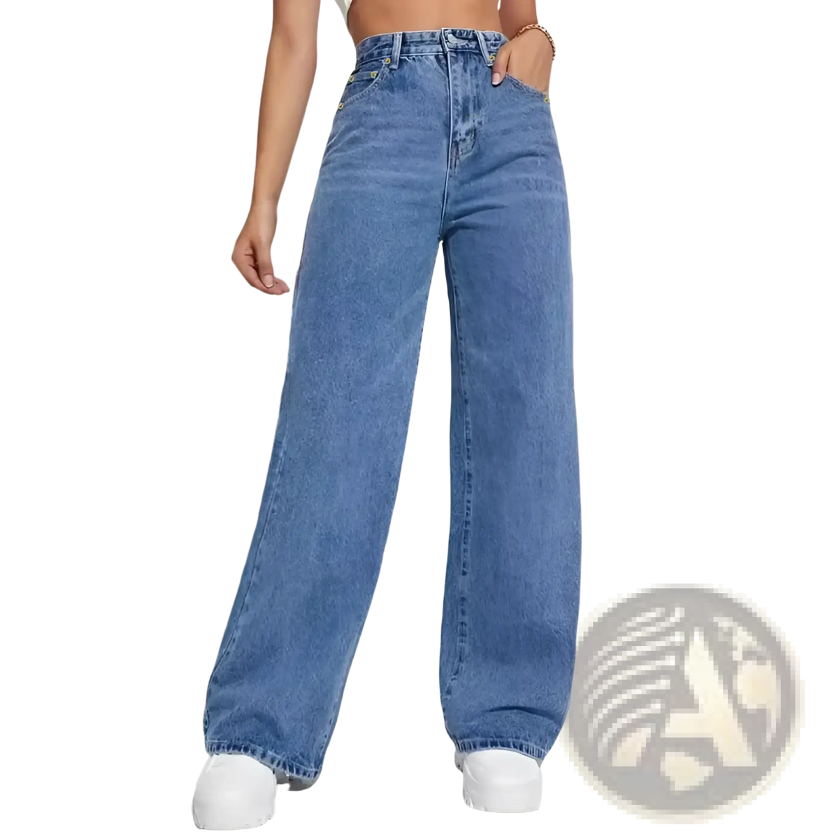 High waisted blue denim jeans for women with a wide leg cut and subtle fading in a straight leg trousers style