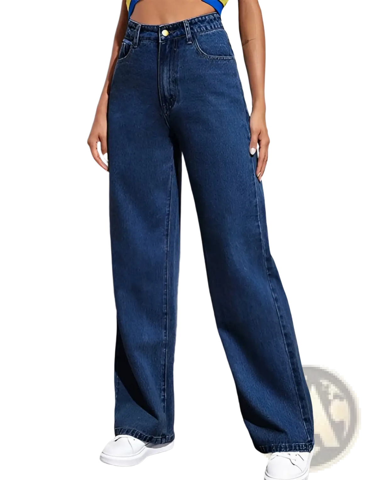 High waisted denim jeans for women with straight wide legs in medium blue wash featuring visible stitching and button closure
