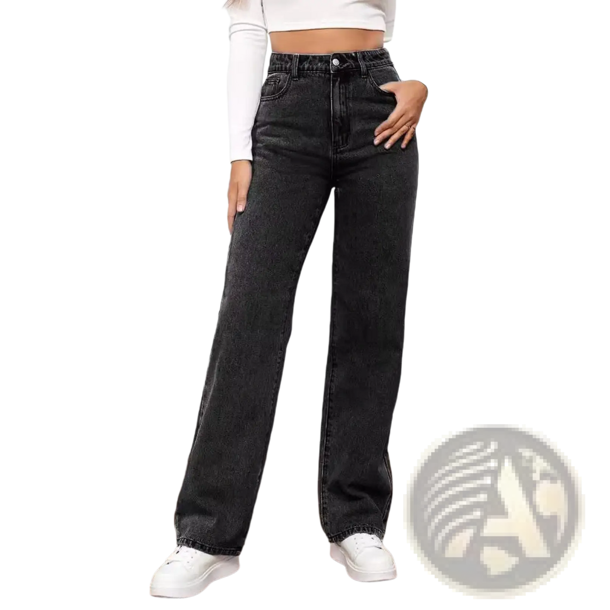 High waisted black denim jeans for women with a straight leg cut and classic five-pocket design