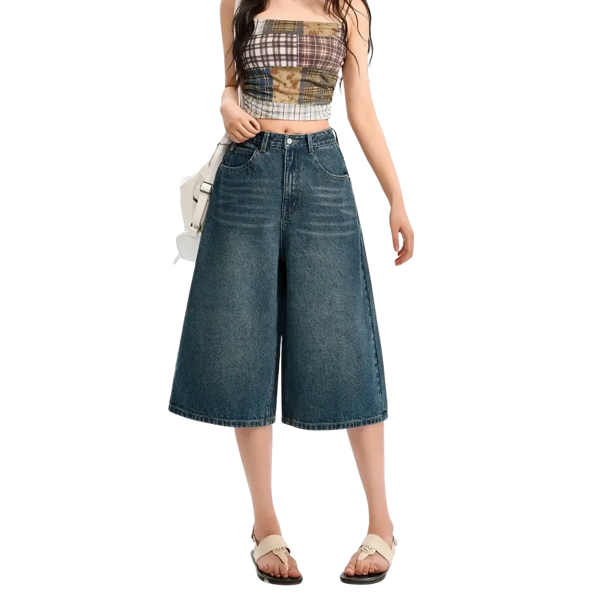 High waisted wide leg denim shorts in medium blue wash with subtle fading and stitching details y2k jeans style