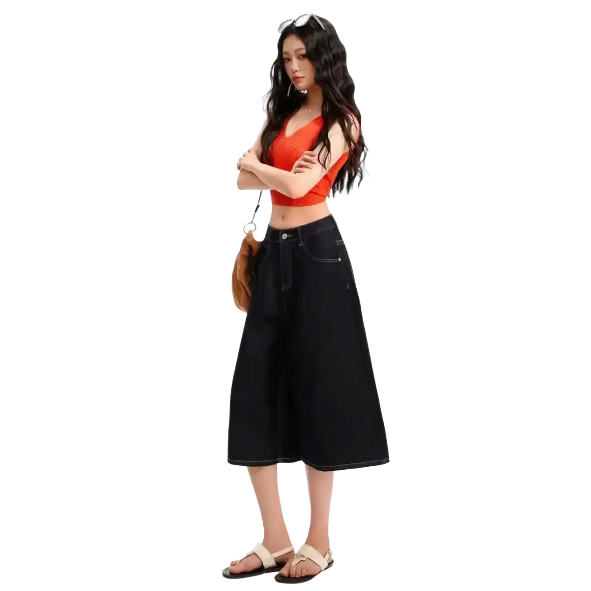 Black wide-leg denim skirt with high waist and straight hemline in a high waisted denim shorts wide leg y2k jeans style