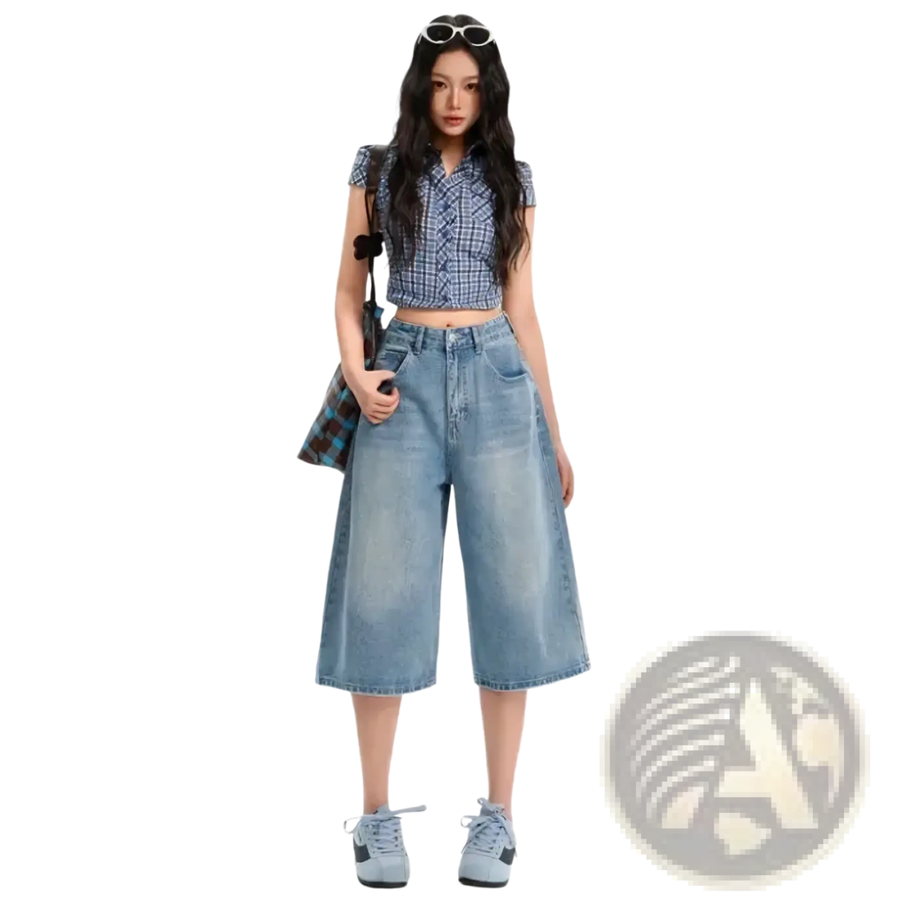 Light-wash denim high waisted wide-leg culottes with relaxed fit and classic five-pocket design
