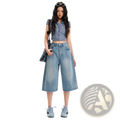 Light-wash denim high waisted wide-leg culottes with relaxed fit and classic five-pocket design