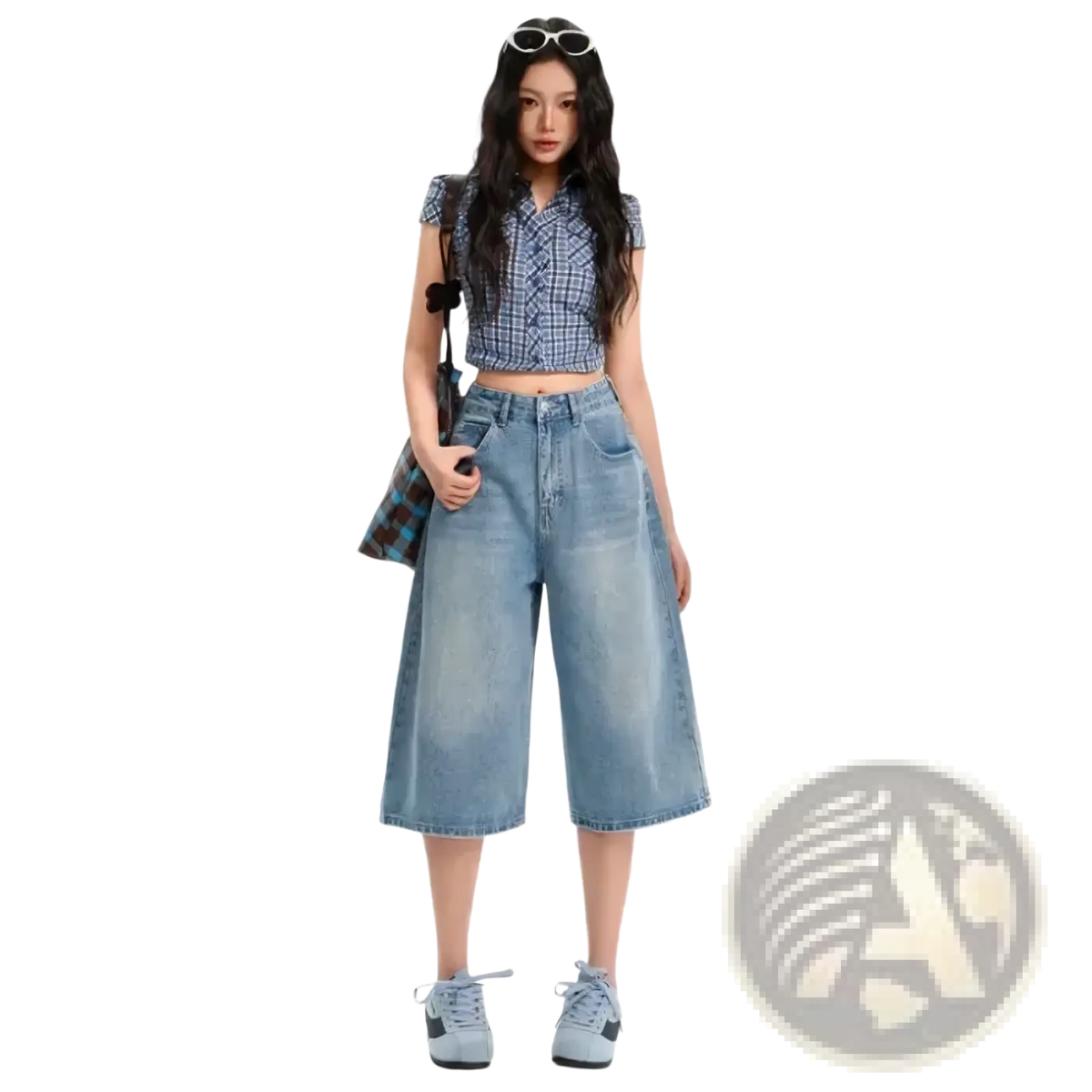 Light-wash denim high waisted wide-leg culottes with relaxed fit and classic five-pocket design