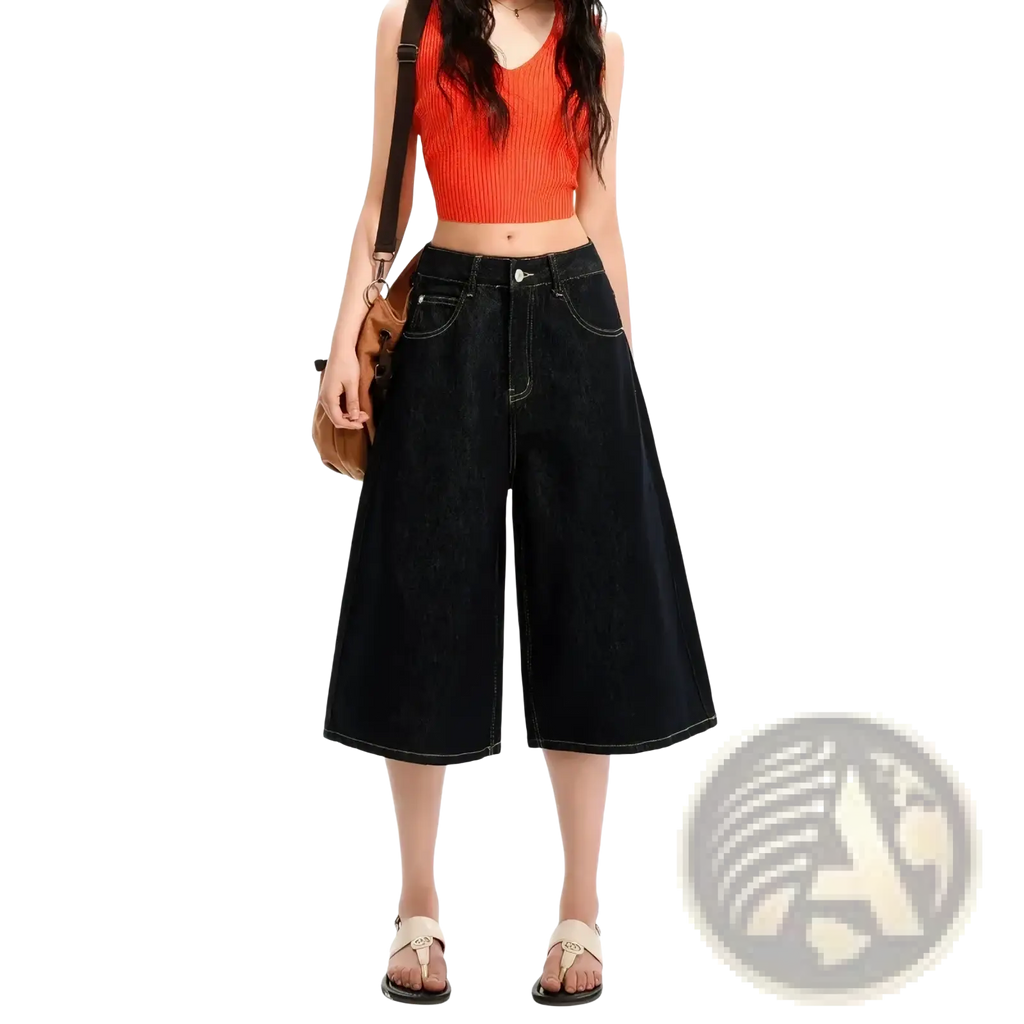 Dark-wash denim culottes with a high waist and wide-leg cut styled as y2k inspired high waisted denim shorts