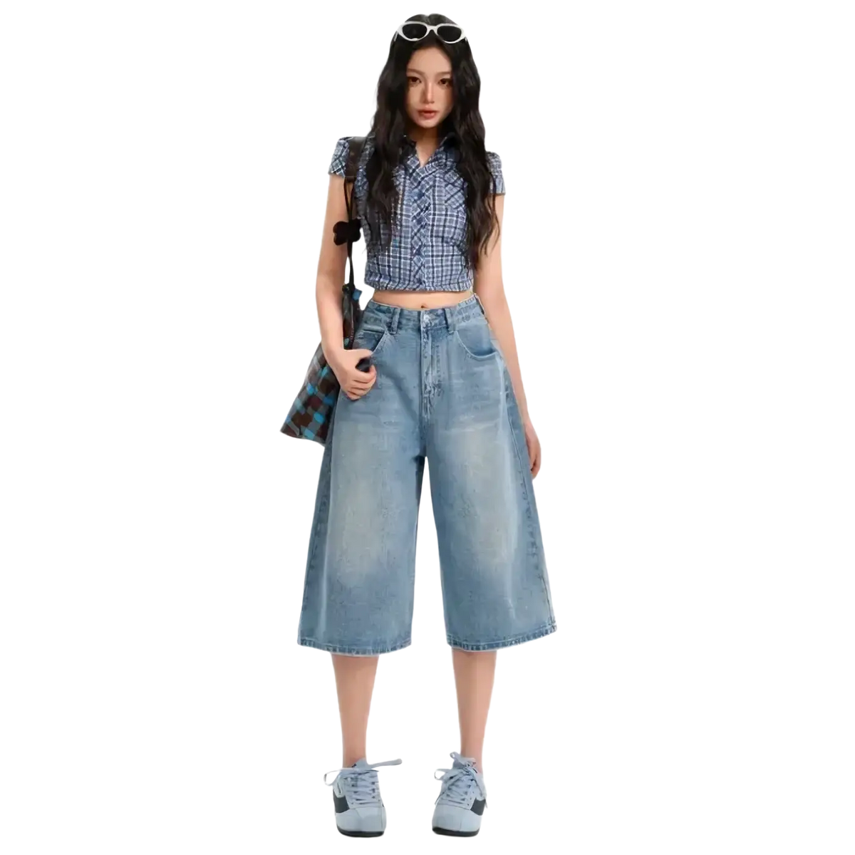 Light-wash denim high waisted wide-leg culottes with relaxed fit and classic five-pocket design
