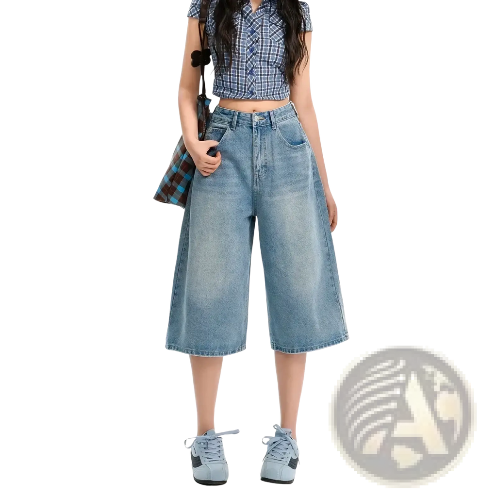 Light-wash high waisted denim culottes with wide-leg cut designed as y2k style shorts