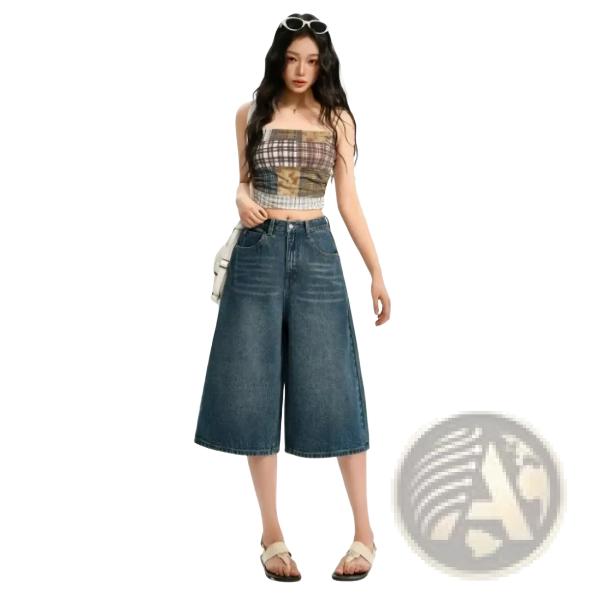 Wide-leg medium-wash blue denim shorts with subtle fading and stitching high waisted y2k style