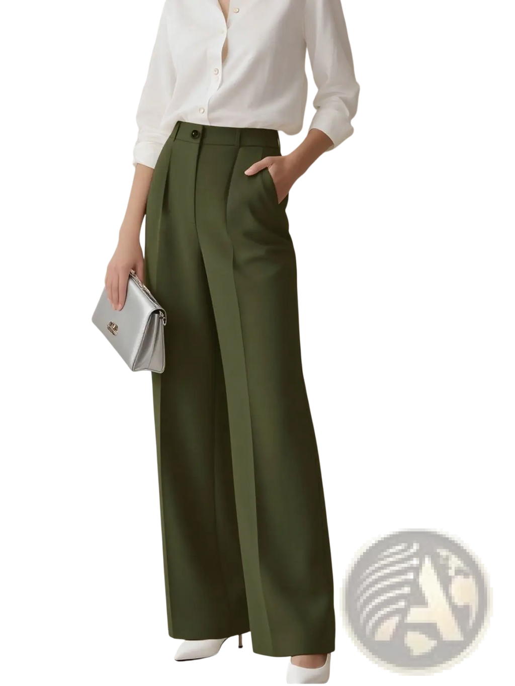 Olive green high waisted drapey straight leg dress pants with tailored fit and front pockets in lightweight fabric