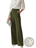 Olive green high waisted drapey straight leg dress pants with tailored fit and front pockets in lightweight fabric