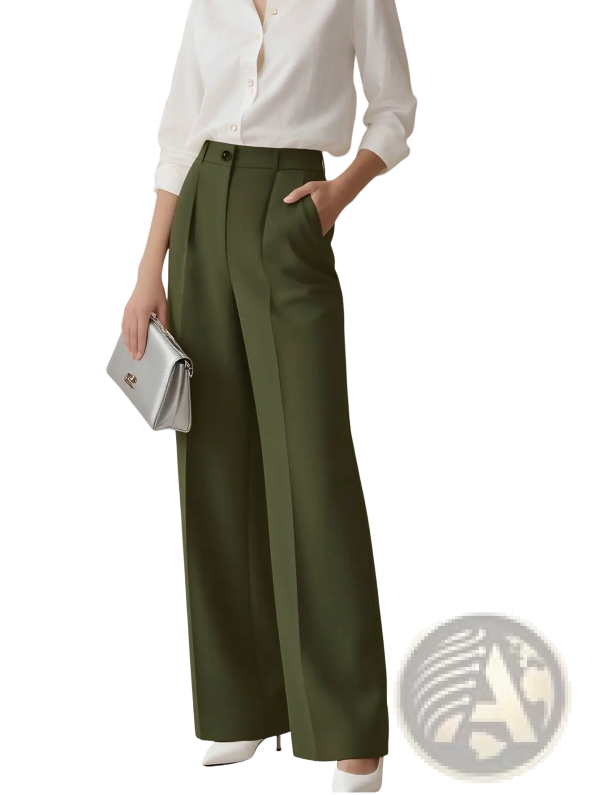Olive green high waisted drapey straight leg dress pants with tailored fit and front pockets in lightweight fabric