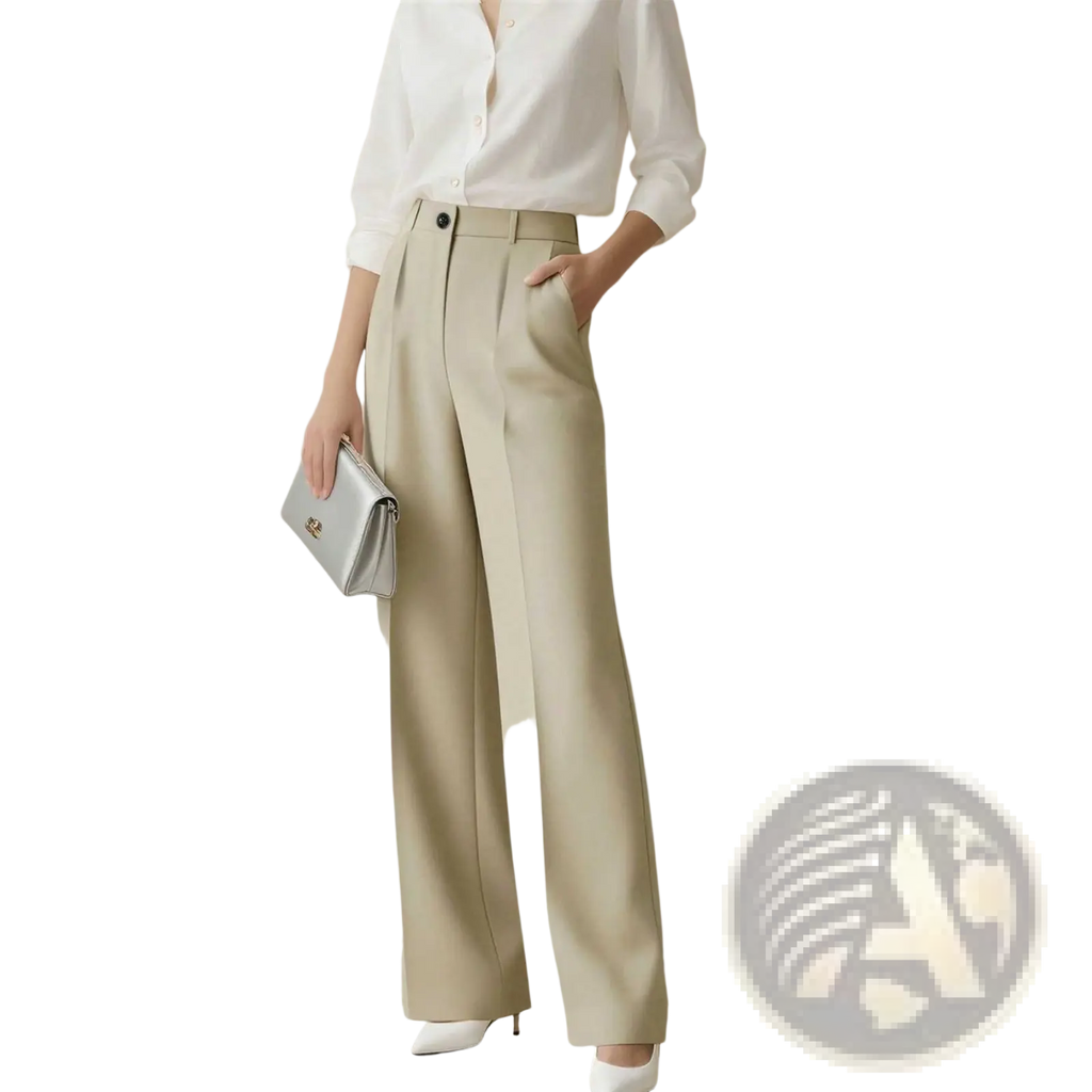 Beige high waisted drapey straight leg dress pants with sleek tailored fit and subtle pleats at the waist