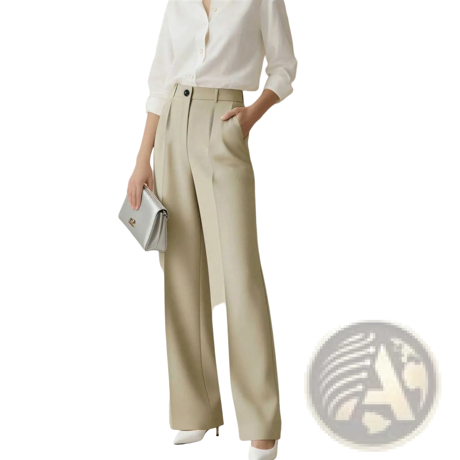 Beige high waisted drapey straight leg dress pants with sleek tailored fit and subtle pleats at the waist
