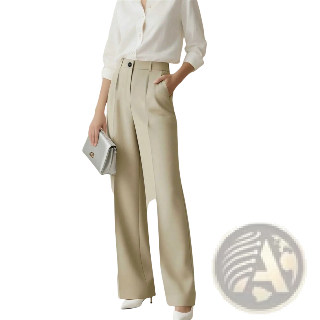 Beige high waisted drapey straight leg dress pants with a tailored design and subtle front pleats