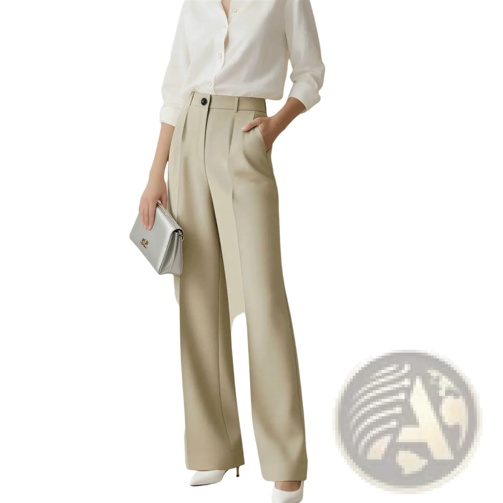 Beige high waisted drapey straight leg dress pants with a tailored design and subtle front pleats