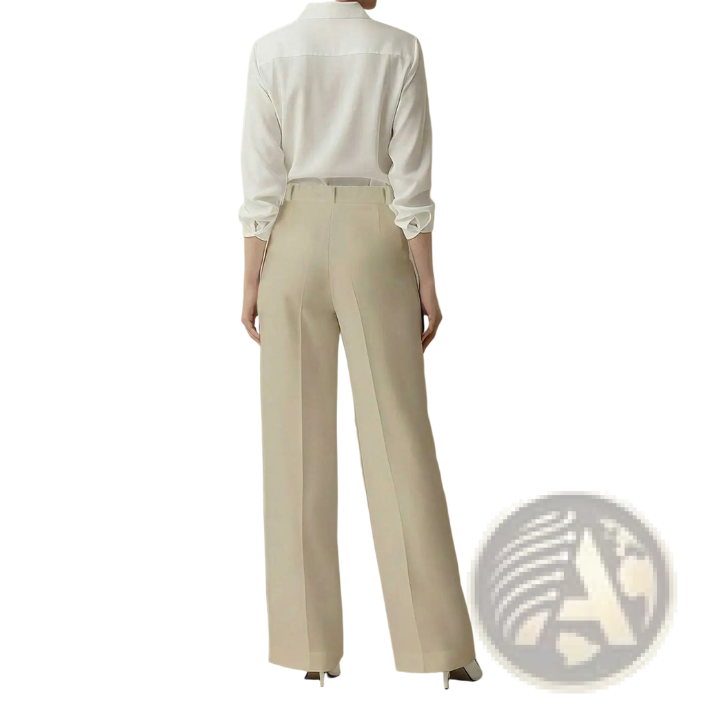 Beige high waisted drapey straight leg dress pants with a sleek tailored fit and subtle front pleats