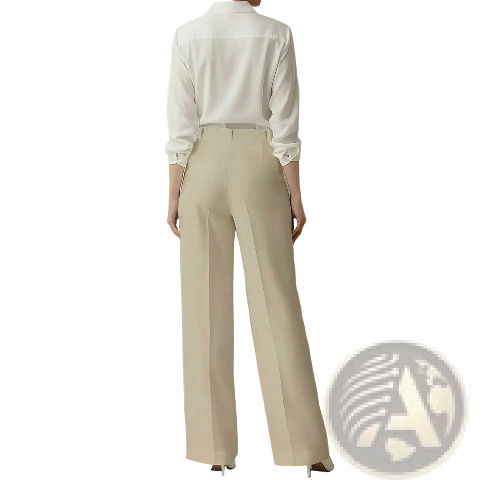 Beige high waisted drapey straight leg dress pants with a sleek tailored fit and subtle front pleats
