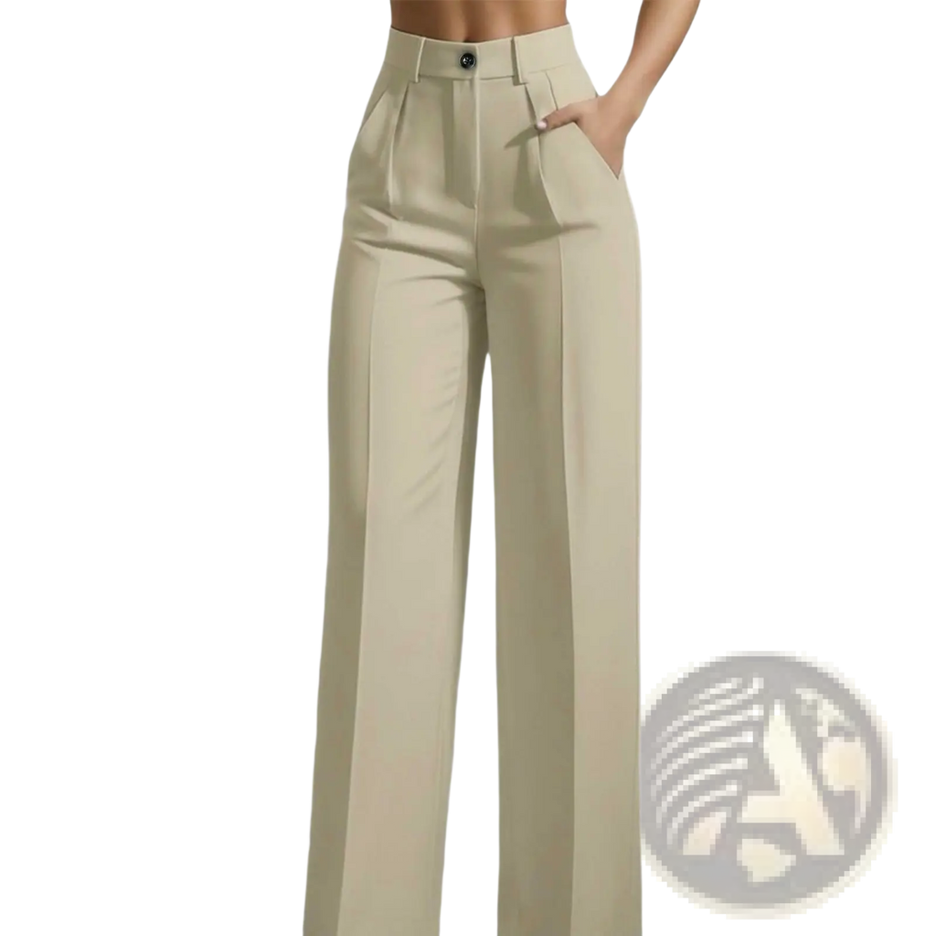 Beige high waisted drapey straight leg dress pants with a tailored fit and pleated front in lightweight fabric