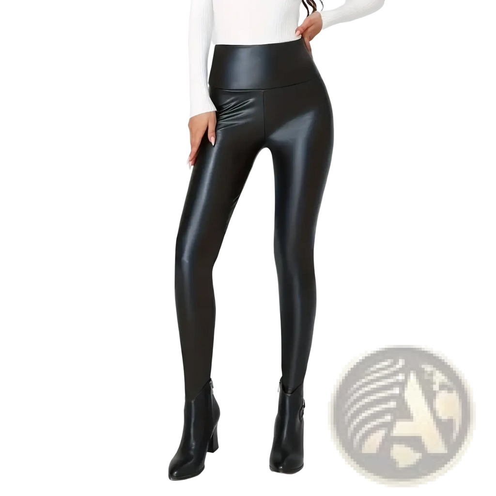 Black high waisted leggings with a shiny faux leather finish designed for a sleek, stylish look