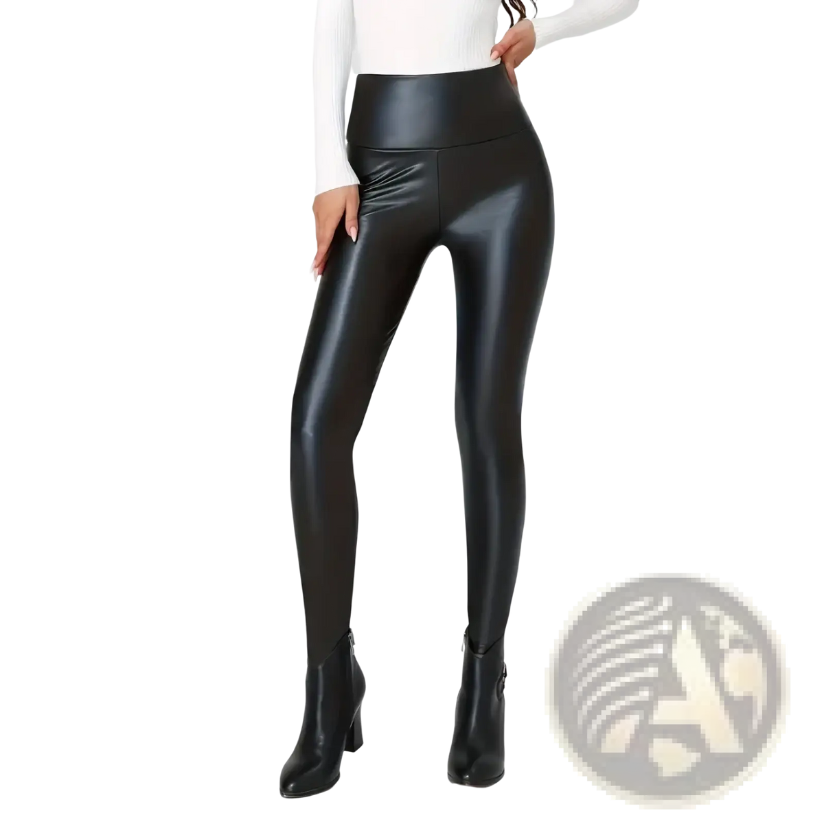 Black high waisted leggings with a shiny faux leather finish designed for a sleek, stylish look