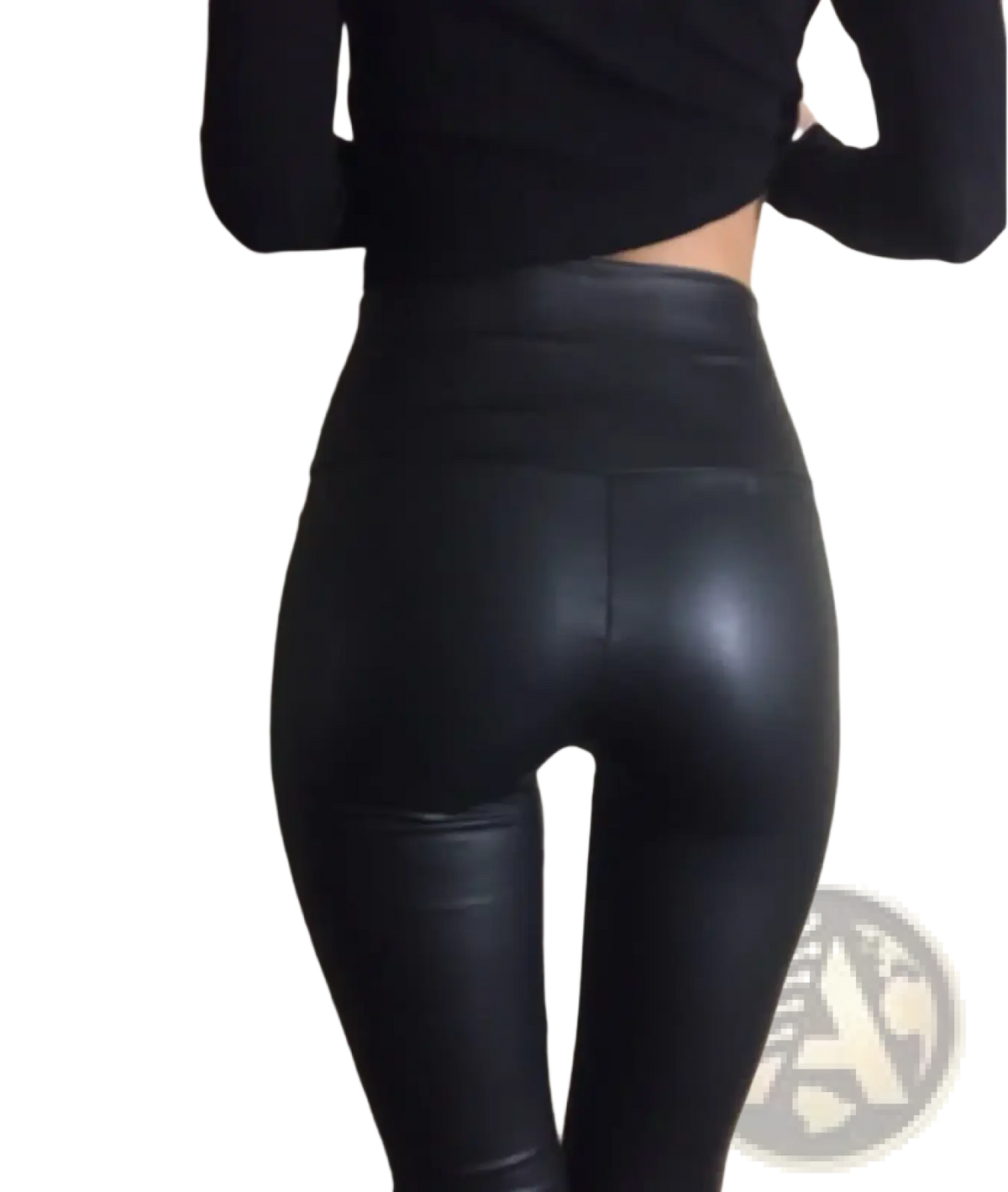 Black high waisted leggings with a shiny faux leather finish ideal for stylish and comfortable wear