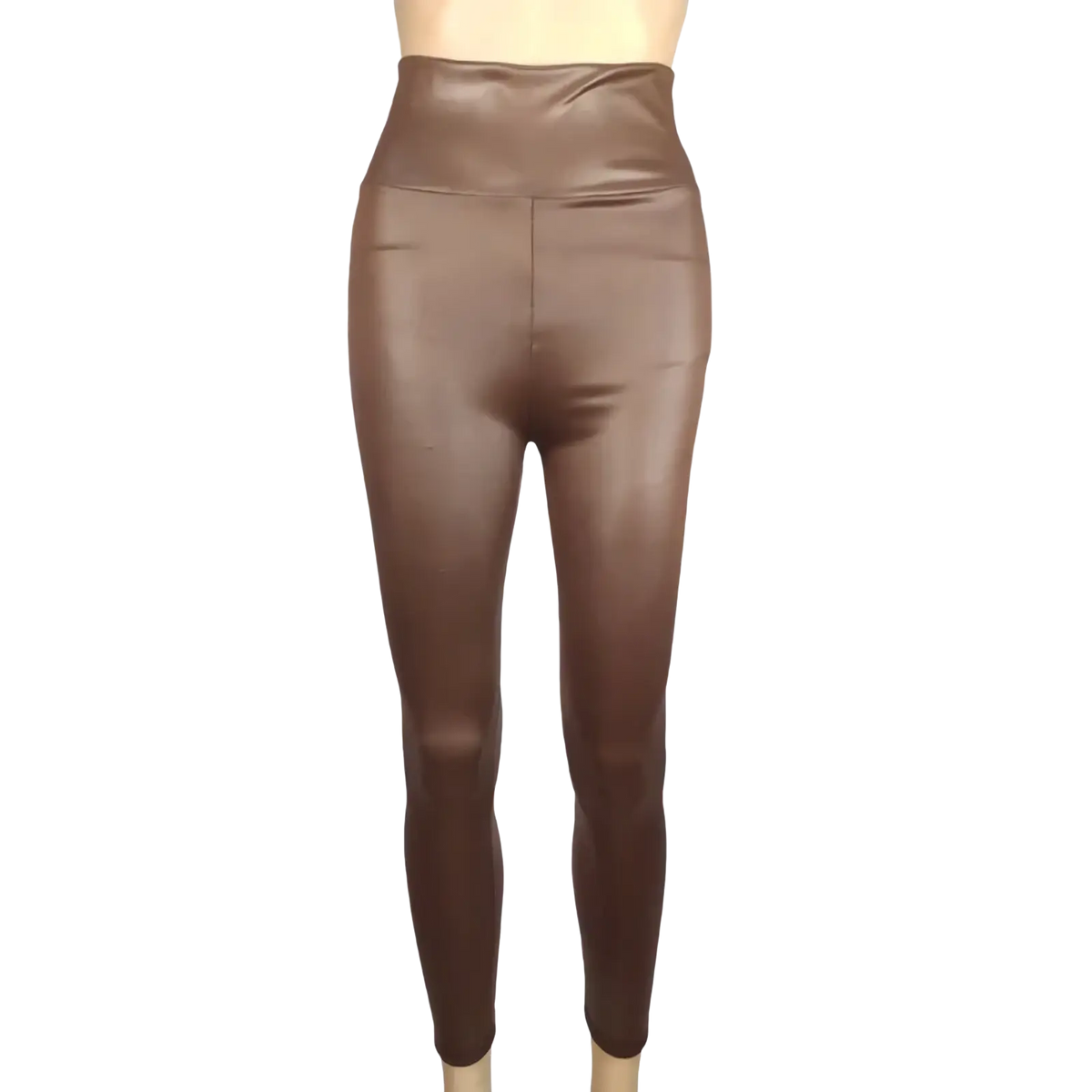High waisted brown faux leather leggings with a sleek shiny finish designed for a stylish and modern look