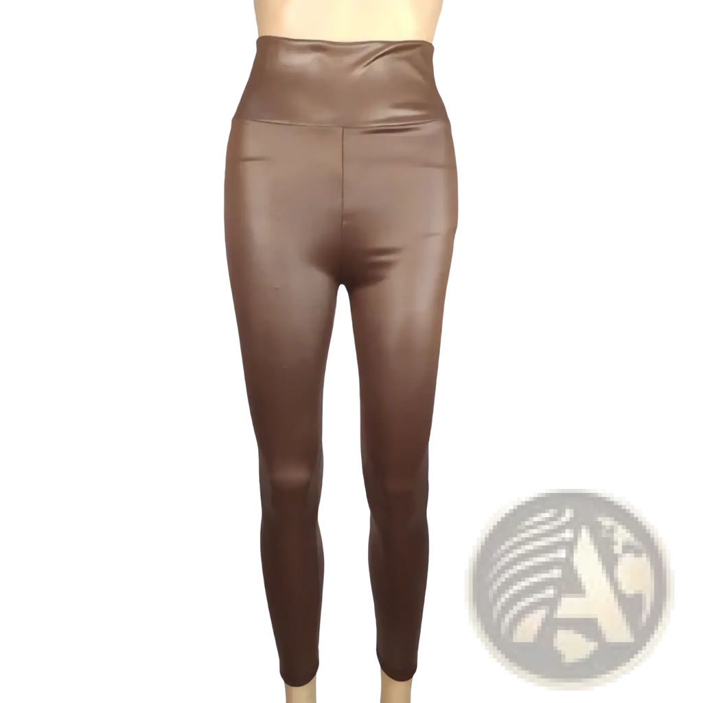 High waisted brown faux leather leggings with a sleek shiny finish designed for a stylish and modern look