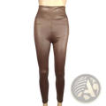 High waisted brown faux leather leggings with a sleek shiny finish designed for a stylish and modern look