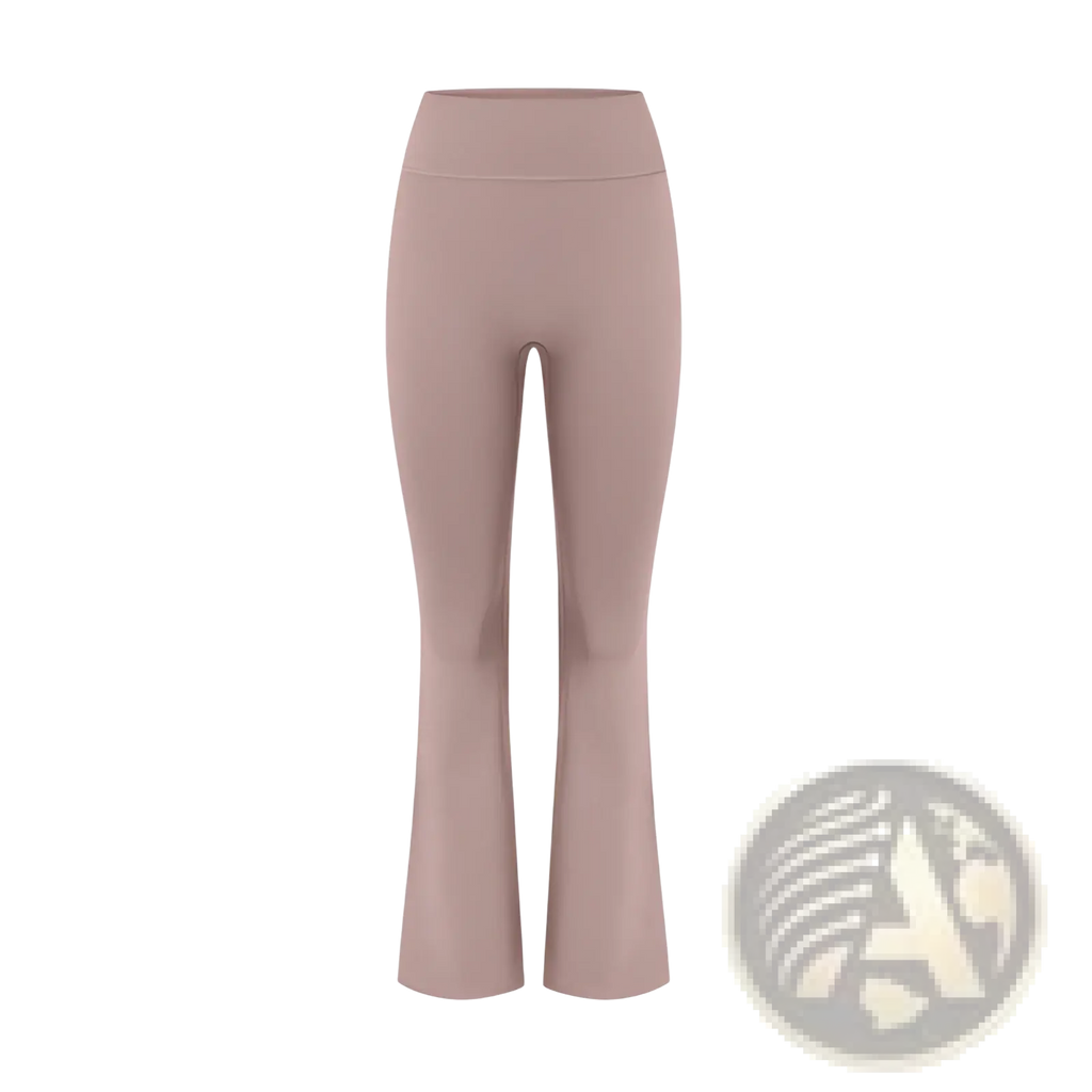 A pair of high waisted matte mauve flare yoga pants made of smooth stretchy fabric for comfortable wear