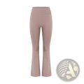A pair of high waisted matte mauve flare yoga pants made of smooth stretchy fabric for comfortable wear