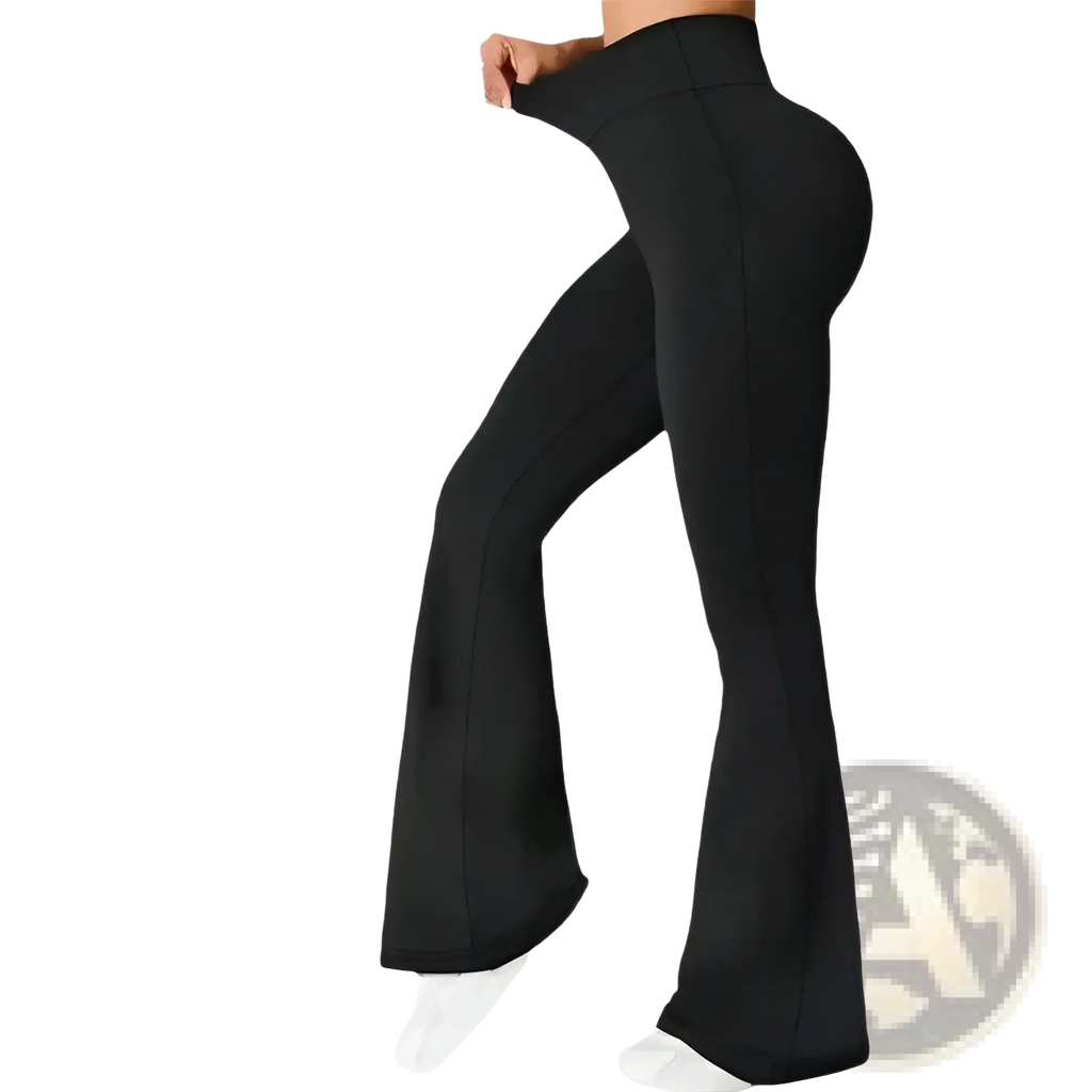 Black high-waisted flare yoga pants made of smooth stretchy fabric ideal for comfortable active wear