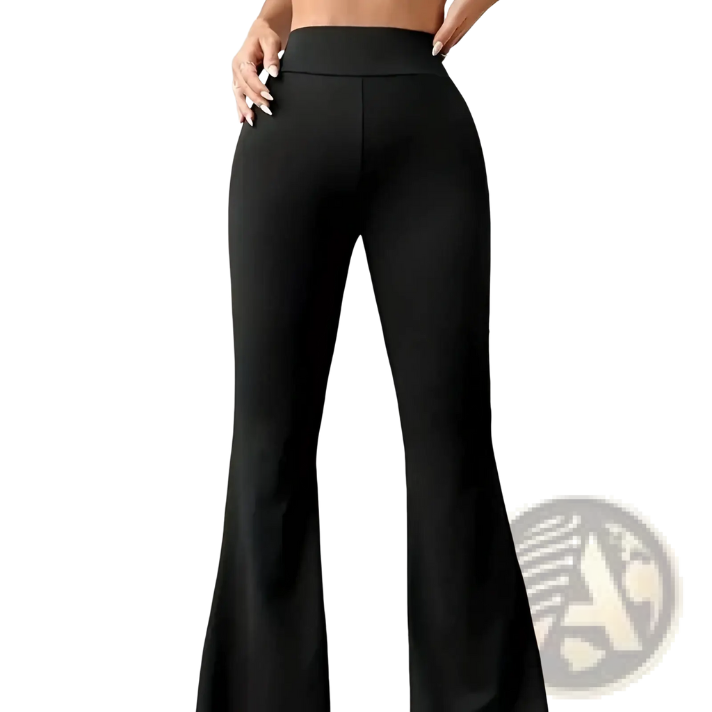 Black high-waisted flare yoga pants made of smooth stretchy fabric suitable for comfortable workout sessions