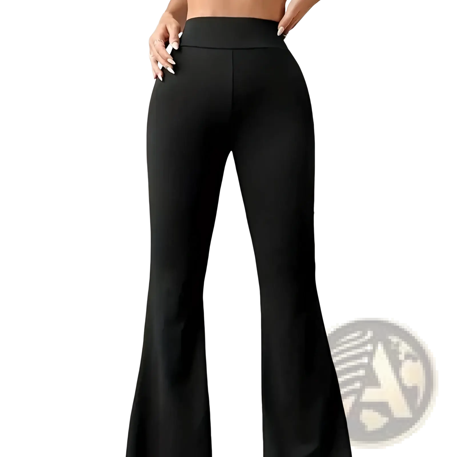 Black high-waisted flare yoga pants made of smooth stretchy fabric suitable for comfortable workout sessions