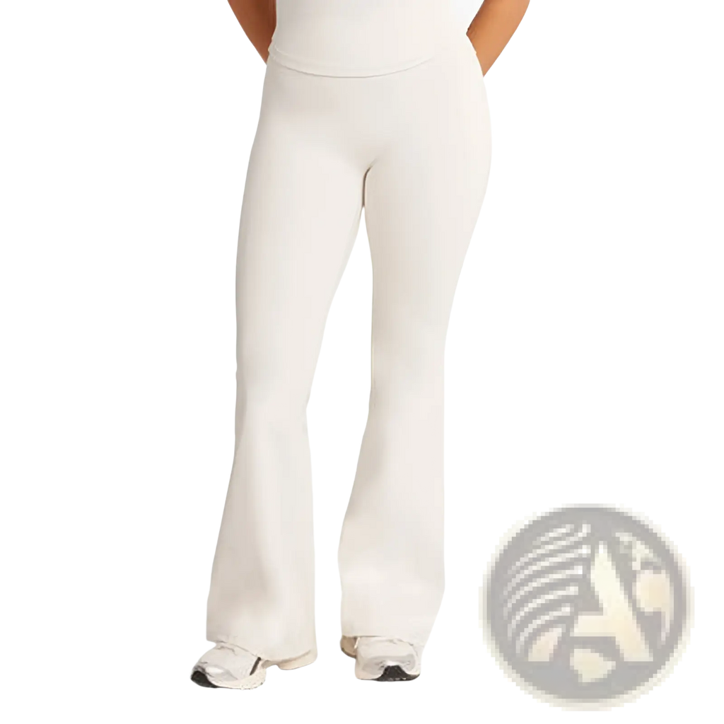 Cream-colored high waisted flare yoga pants made of smooth stretchy fabric for comfortable activewear use