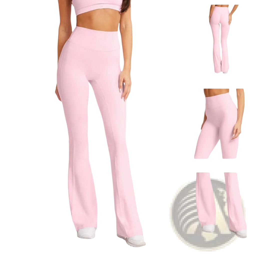 Pink high waisted flare yoga pants with tummy tuck and hip lift design for comfortable activewear use