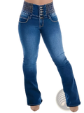 High waisted flared denim jeans in blue with button front closure made of classic denim material