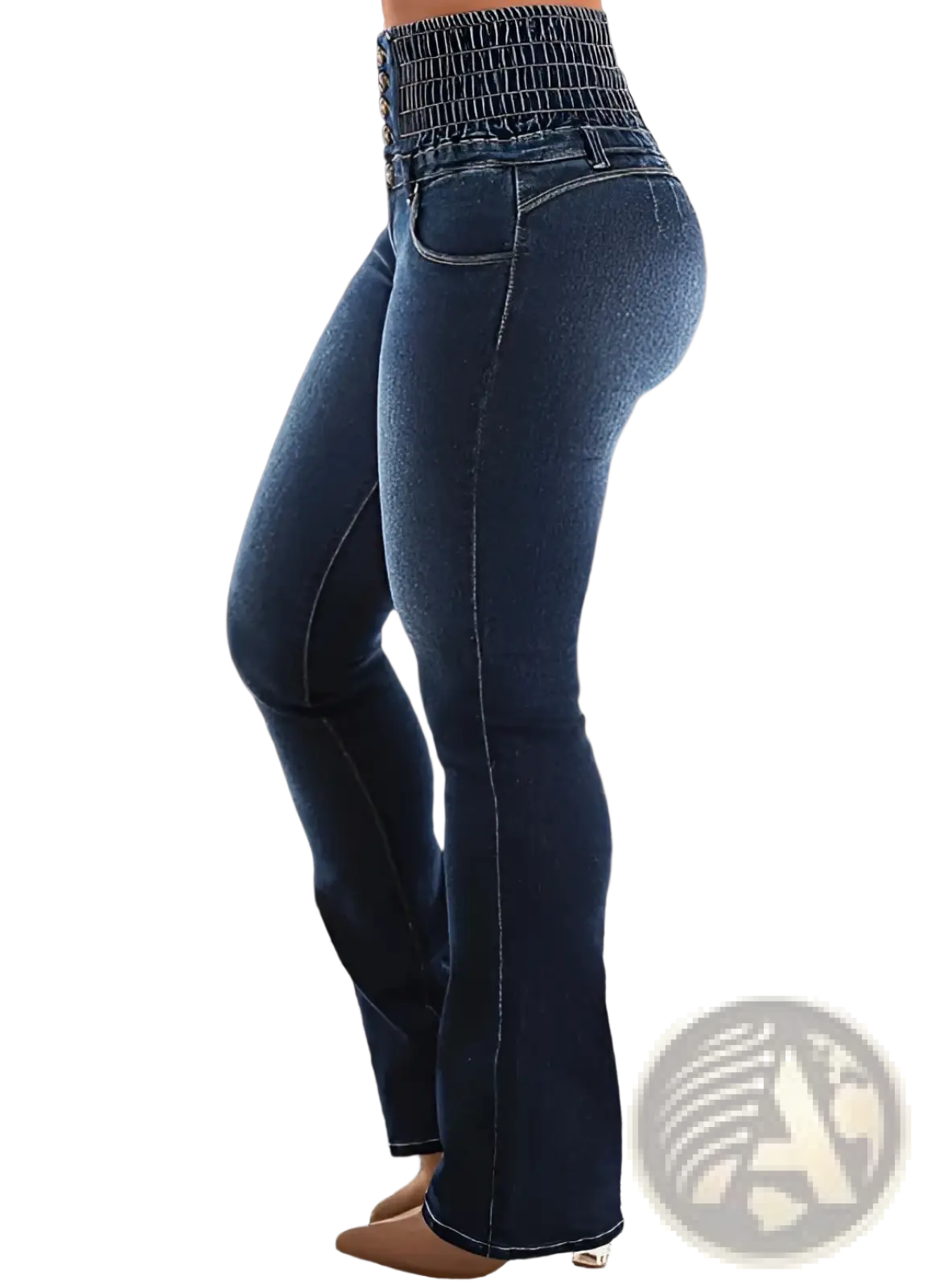 Dark blue high waisted flared denim jeans with smocked elastic waistband made from denim fabric