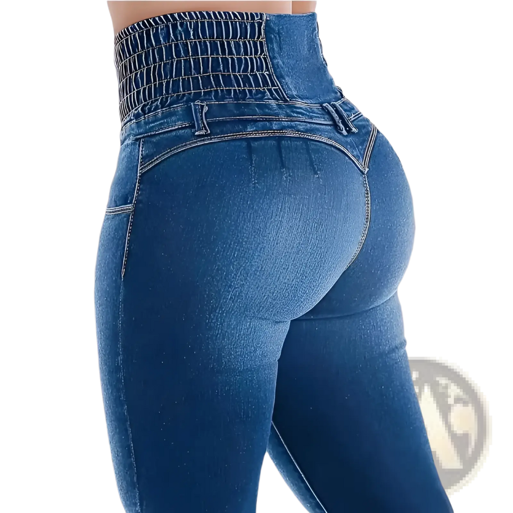 High waisted flared denim jeans in blue stretch denim with a gathered waistband and subtle stitching details