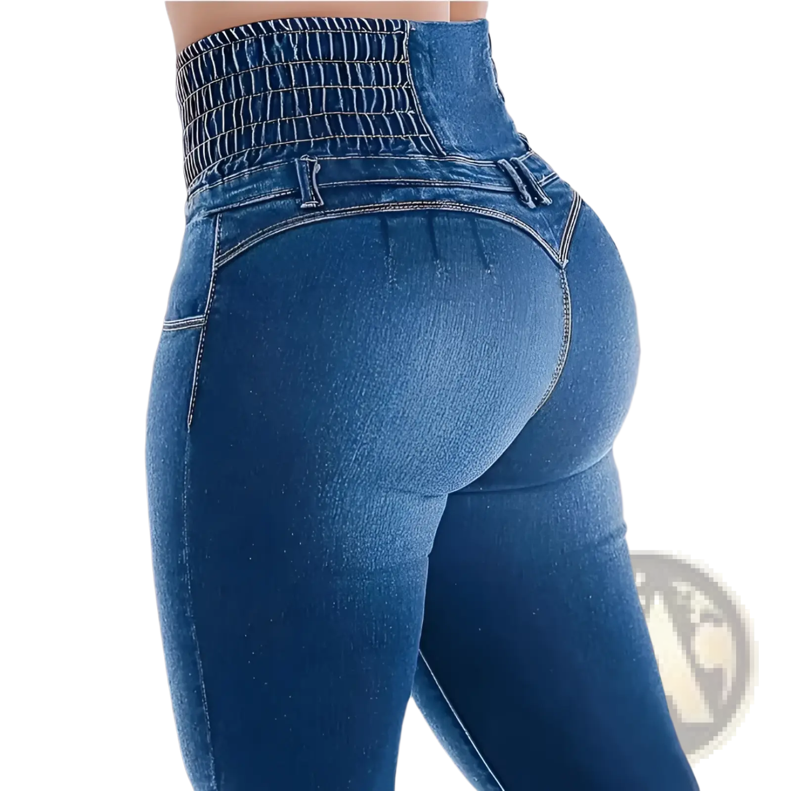 High waisted flared denim jeans in blue stretch denim with a gathered waistband and subtle stitching details