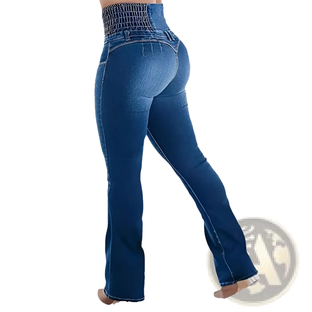 High waisted flared denim jeans in blue with a textured elasticated waistband and flared legs