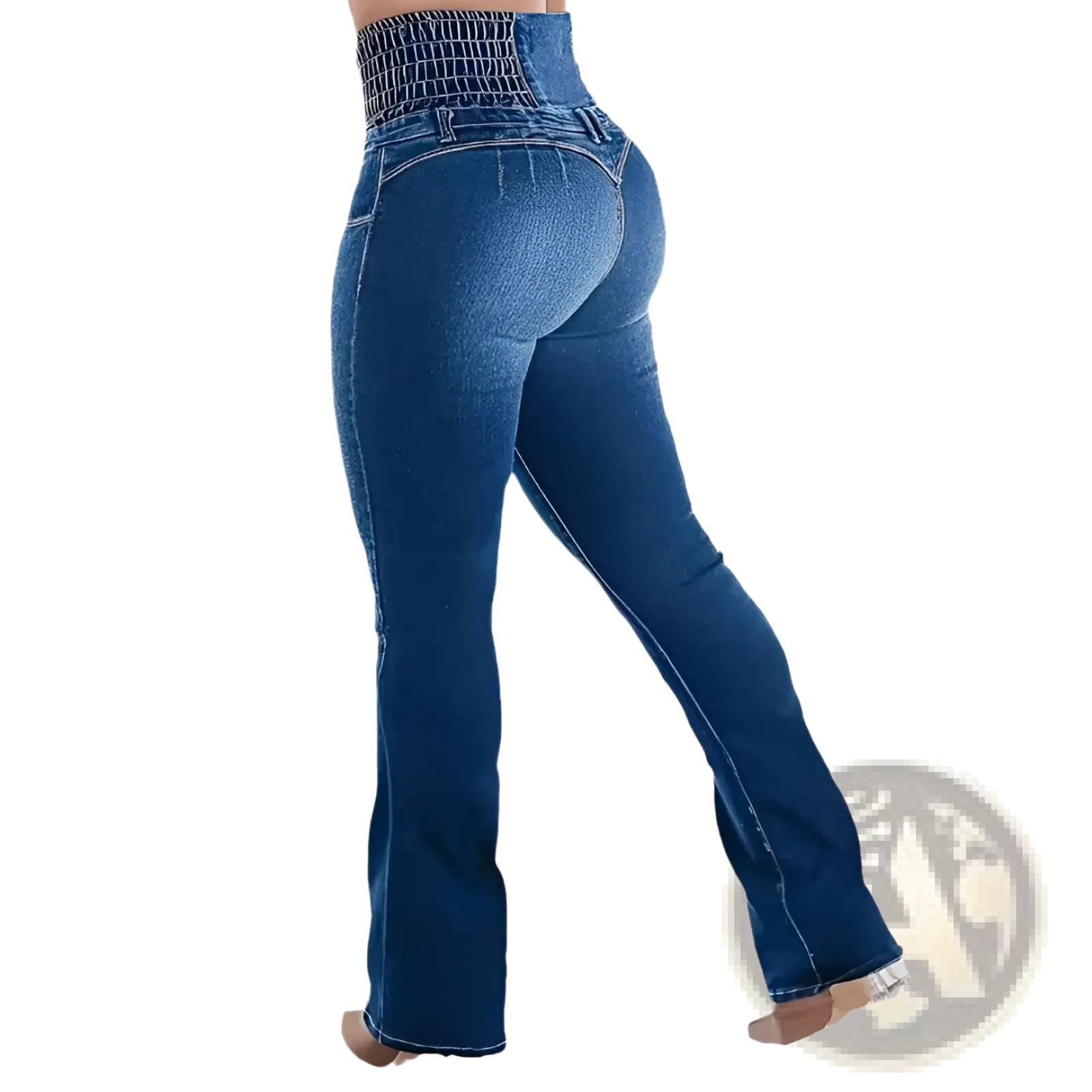 High waisted flared denim jeans in blue with a textured elasticated waistband and flared legs