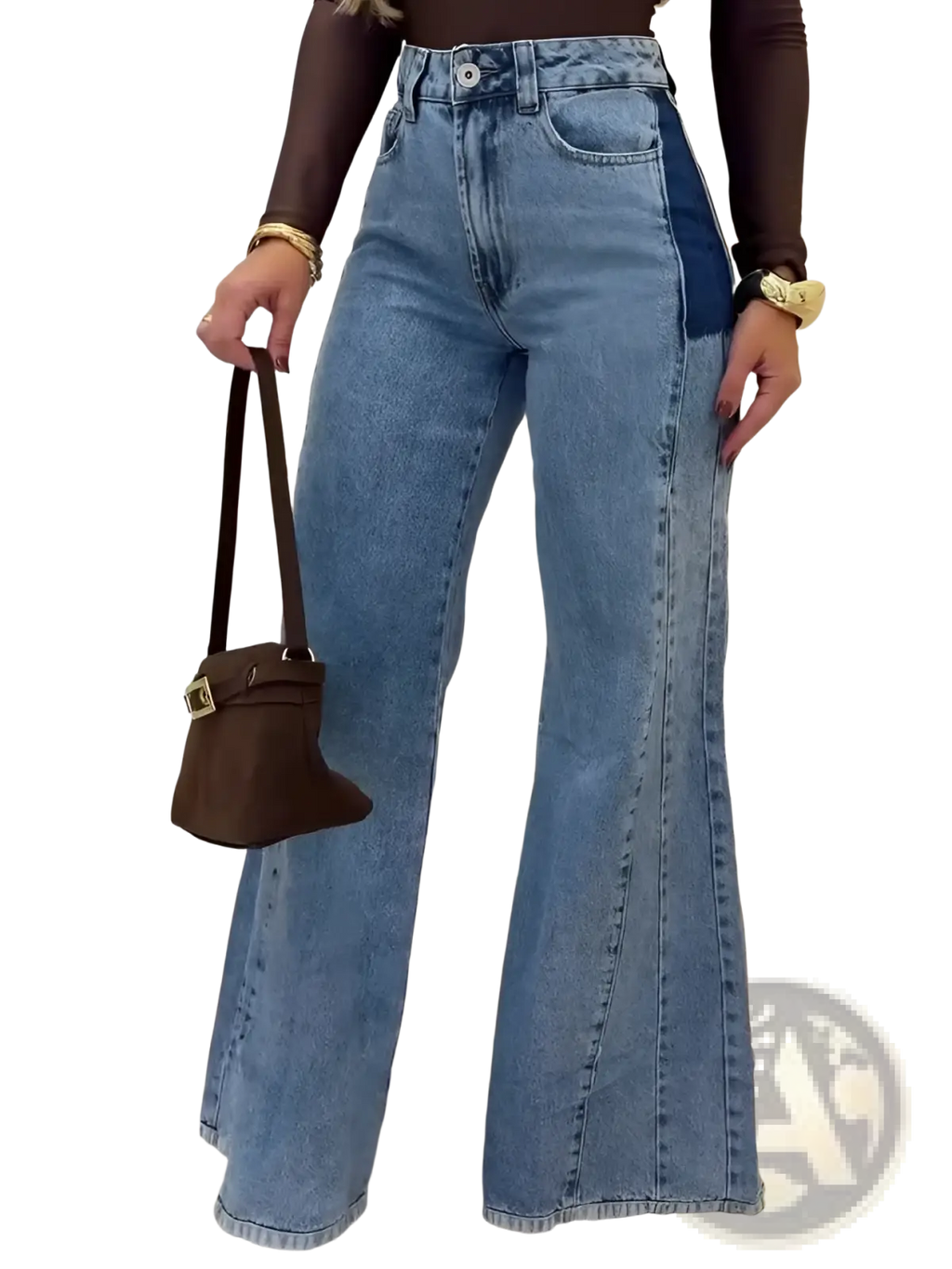 High waisted flared jeans in light blue denim with dark blue side panels for a stylish casual look