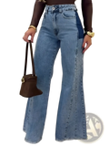 High waisted flared jeans in light blue denim with dark blue side panels for a stylish casual look
