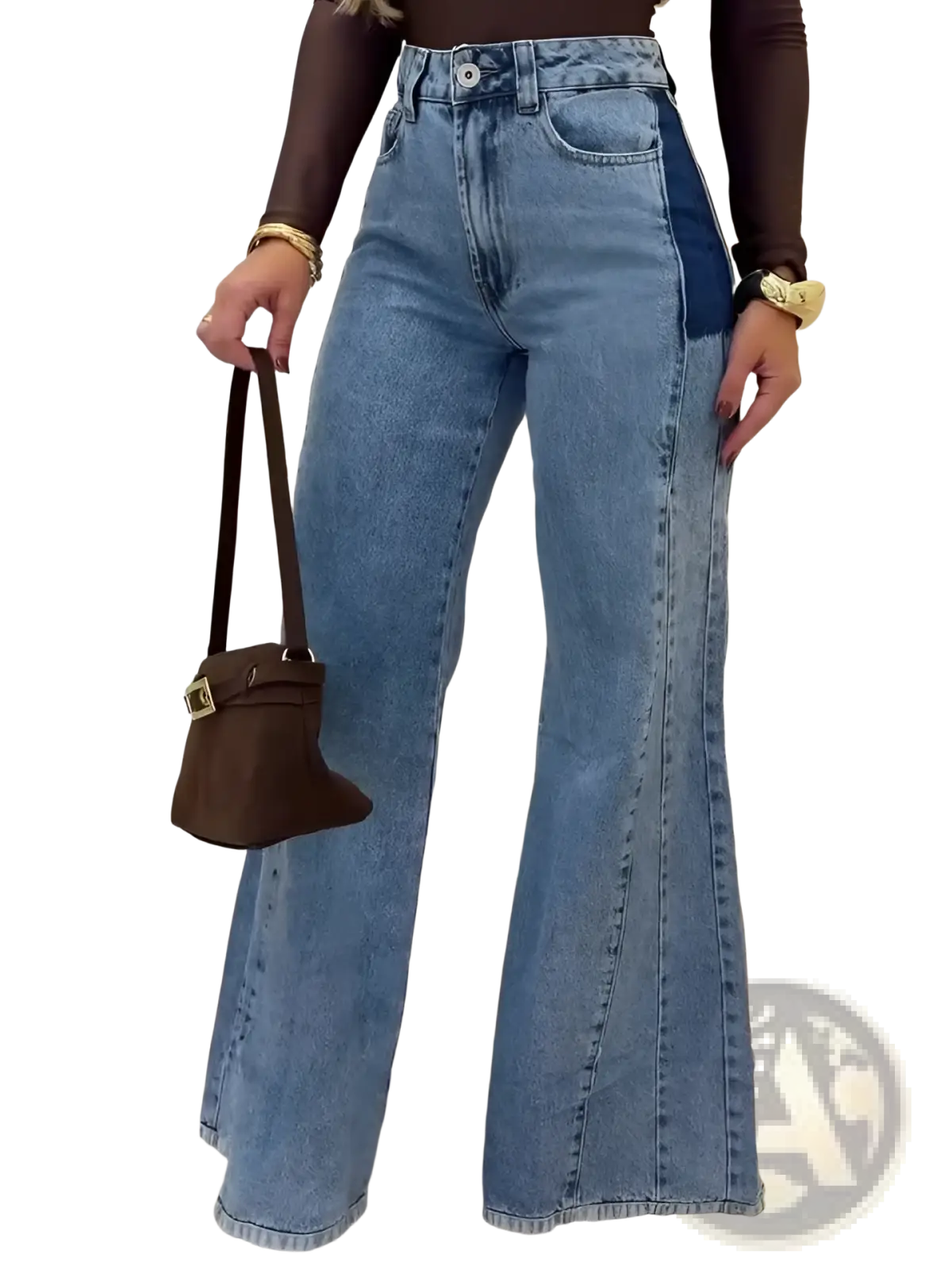 High waisted flared jeans in light blue denim with dark blue side panels for a stylish casual look