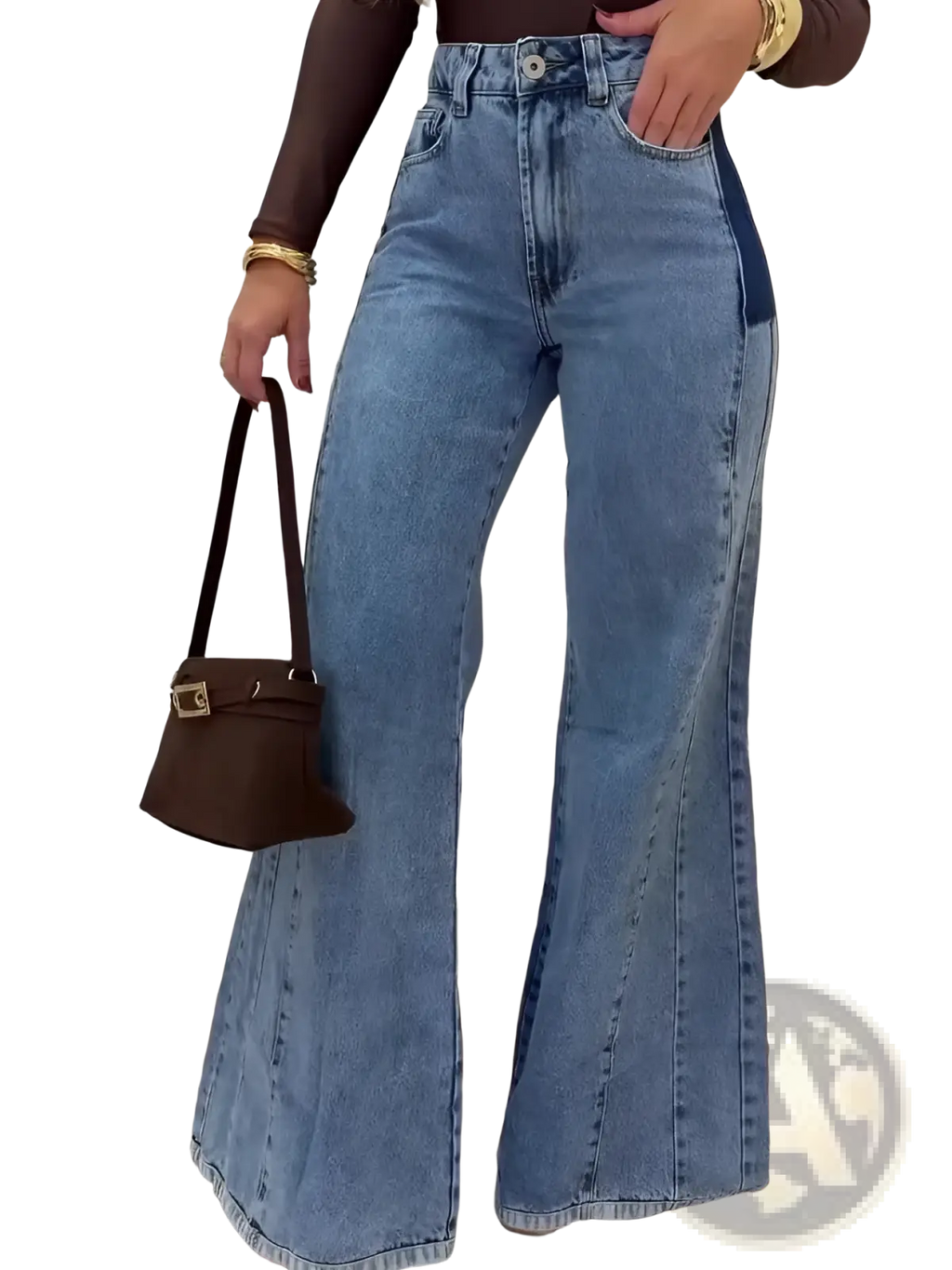 High waisted flared jeans in light blue denim with dark blue side panel accents for stylish casual wear
