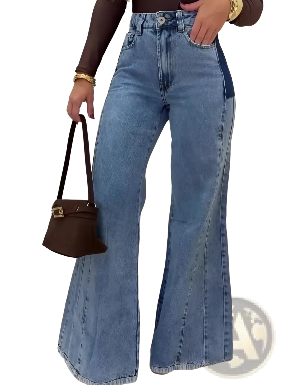 High waisted flared jeans in light blue denim with dark blue side panel accents for stylish casual wear