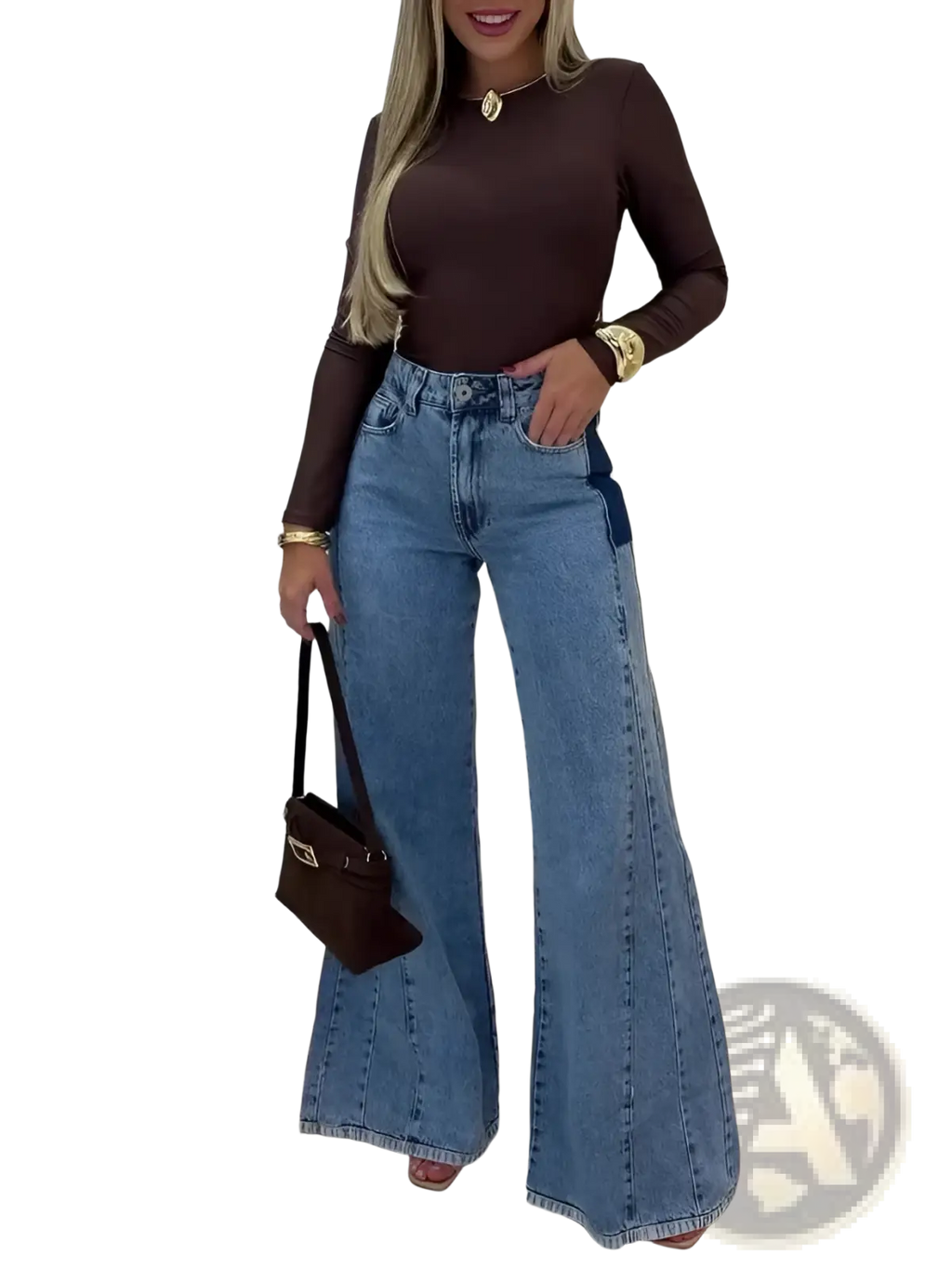 Brown leather handbag with black strap and gold-tone hardware paired with high waisted flared light blue denim jeans