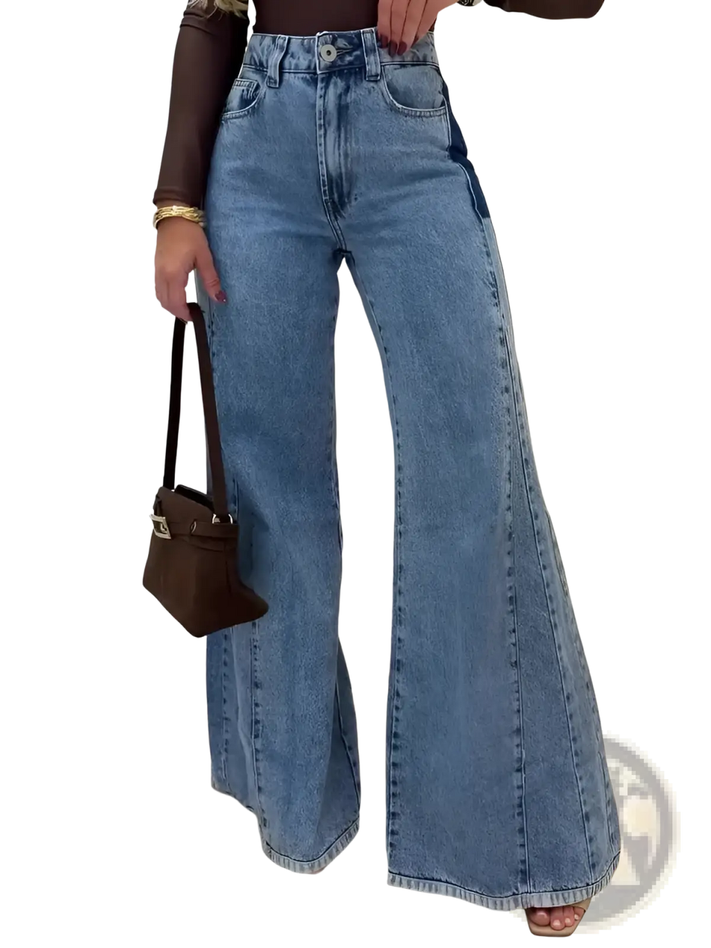 High waisted flared jeans in light blue denim with classic stitching and light wash finish