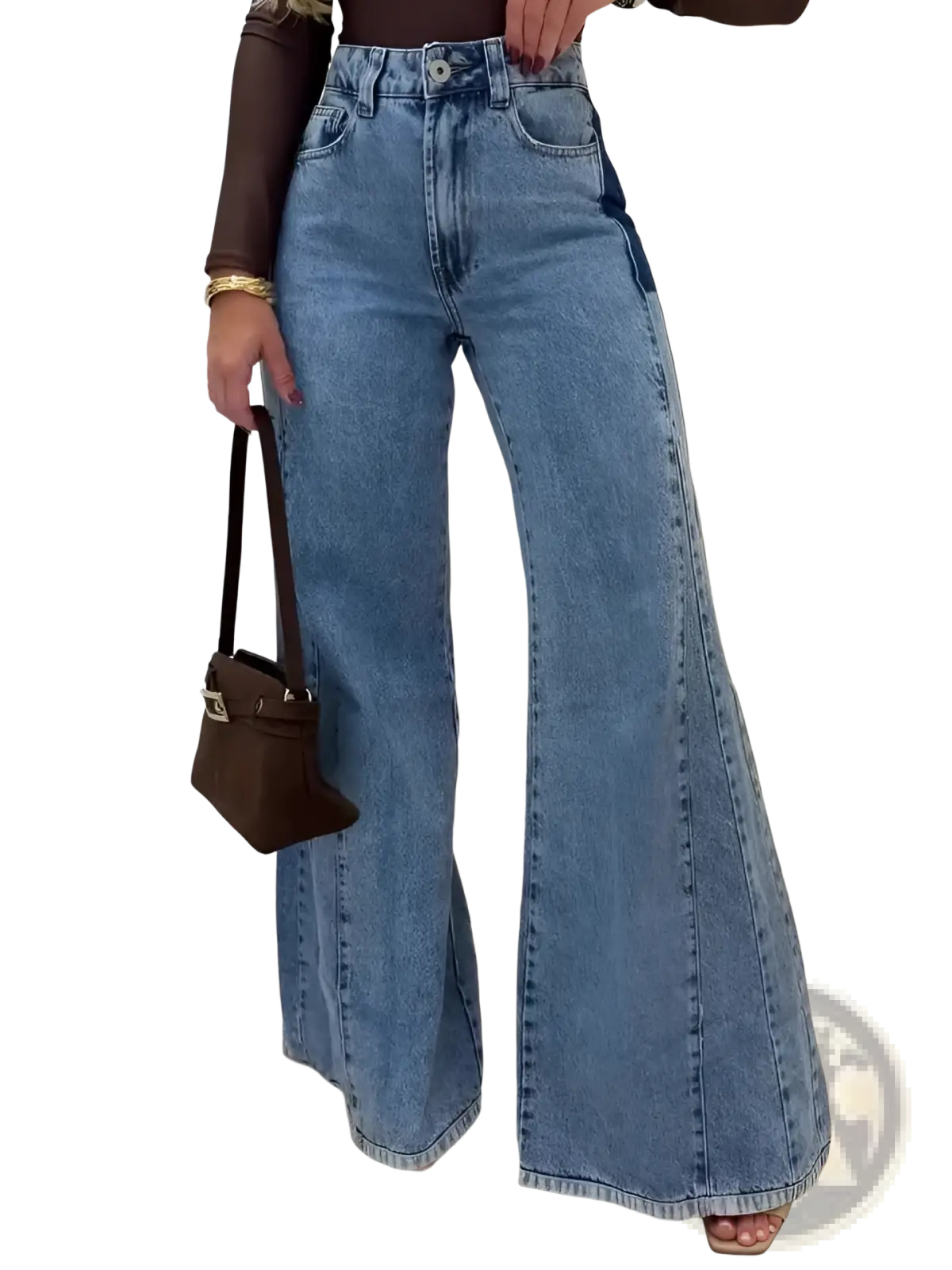 High waisted flared jeans in light blue denim with classic stitching and light wash finish